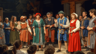 Repr&eacute;sentation th&eacute;&acirc;tre m&eacute;di&eacute;val farces fran&ccedil;aises XVe si&egrave;cle, tr&eacute;teaux place publique, com&eacute;diens costumes &eacute;poque, analyse culturelle humour fran&ccedil;ais